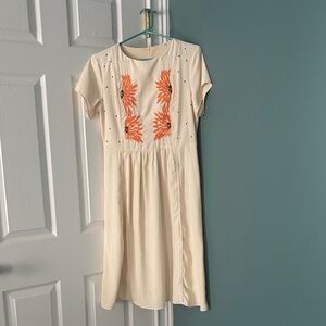 Cream Dress with Orange Floral Embroidery